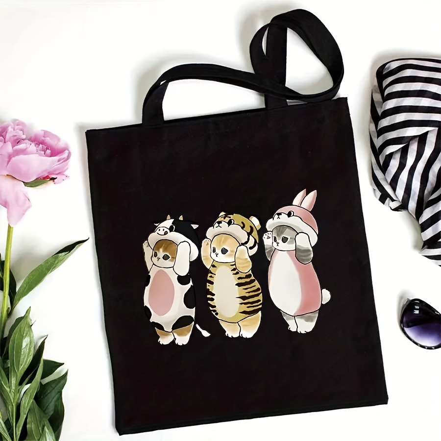 Women Bags For Work - Cute Cat Print Canvas Bag Funny